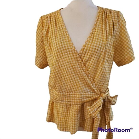 Max Studio Yellow Checker wrap blouse L - Picture 3 of 14